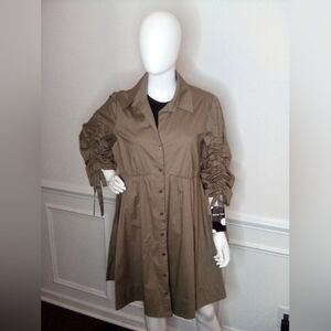 Women's MaisonTara 3/4 Sleeve Collared Shirt Dress, SizeXL, Olive, NEW